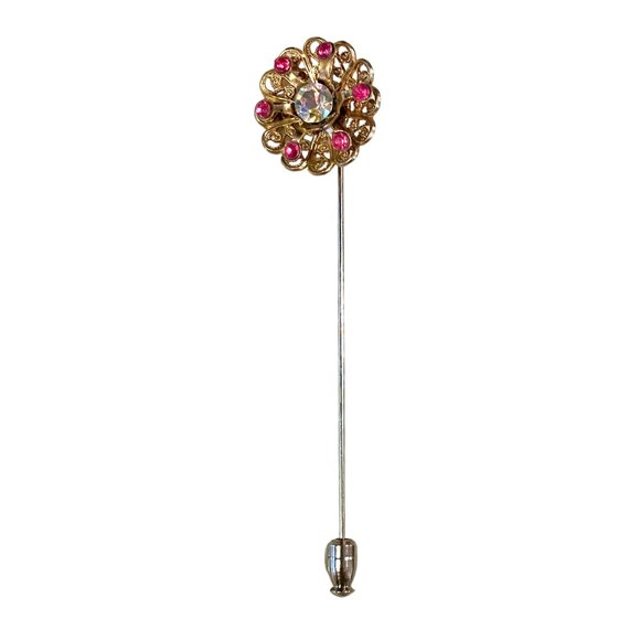 Vintage 60s Gold Tone AB Pink Rhinestone 3D Flower Stick Pin Retro Brooch 3.5” - Picture 2 of 10